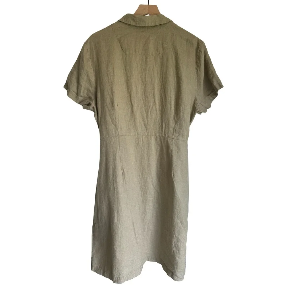 Quince Linen Button Front Shirt Dress Olive Green Short Sleeve Tie Waist XL
